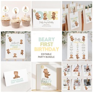 Puede incluir: Decoraciones de fiesta imprimibles y editables para un primer cumplea&ntilde;os con tem&aacute;tica de oso. El conjunto incluye un cartel de bienvenida, un cartel que dice "Chocolate Tiny Teddies", un cartel que dice "Make Your Own Party Signs", un cartel que dice "Bently My First Year", una invitaci&oacute;n de cumplea&ntilde;os y etiquetas de agradecimiento. Las decoraciones presentan un oso marr&oacute;n con un globo amarillo, un esquema de color verde y amarillo, y el texto "Beary First Birthday".