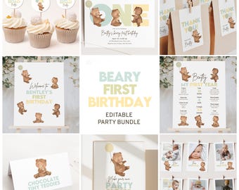 Könnte beinhalten: Bearbeitbare, druckbare Partydekorationen für einen ersten Geburtstag mit einem Bären-Thema. Das Set beinhaltet ein Willkommens-Schild, ein Schild mit der Aufschrift "Chocolate Tiny Teddies", ein Schild mit der Aufschrift "Make Your Own Party Signs", ein Schild mit der Aufschrift "Bently My First Year", eine Geburtstagseinladung und Dankeschön-Etiketten. Die Dekorationen zeigen einen braunen Bären mit einem gelben Ballon, ein grün-gelbes Farbschema und den Text "Beary First Birthday".