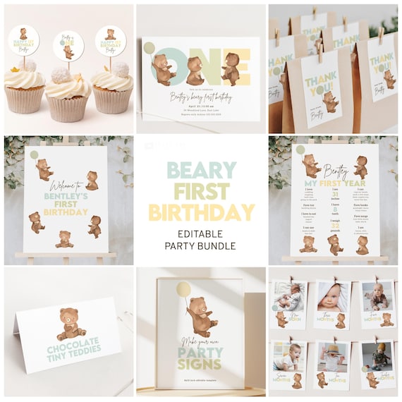 Beary First Birthday Invitation Set, Teddy Bear 1st Birthday Decorations Bundle B185