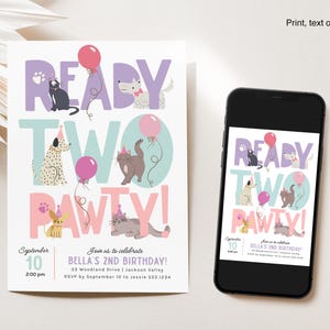 May include: A birthday party invitation with the text "READY TWO PAWTY!" featuring cartoon cats and dogs with balloons. A smartphone displays the same design. The invitation includes the date, time, and RSVP information.