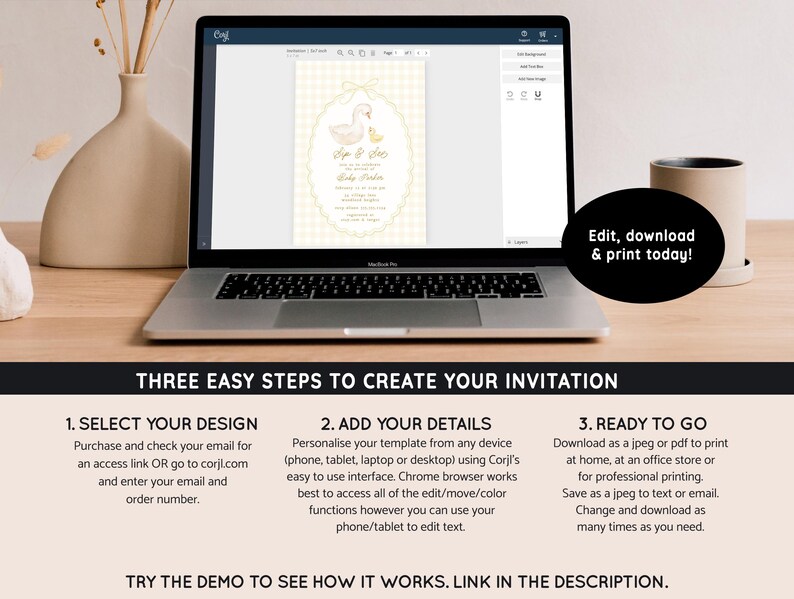 May include: A laptop screen displaying a baby shower invitation template with a white swan and a yellow chick on a yellow and white gingham background. The text on the invitation reads "Sip & See" and "Baby Parker". The text below the image reads "Three Easy Steps to Create Your Invitation".