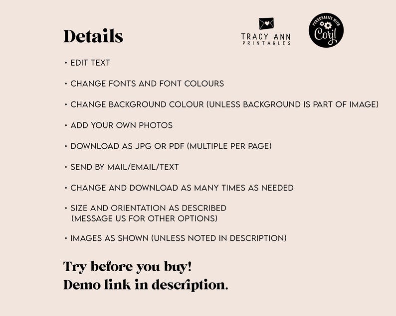 Puede incluir: Un dise&ntilde;o digital imprimible con el texto "Detalles" y una lista de caracter&iacute;sticas, que incluyen editar texto, cambiar fuentes y colores, agregar fotos y descargar como JPG o PDF. Tambi&eacute;n se incluye el texto "&iexcl;Prueba antes de comprar! Enlace de demostraci&oacute;n en la descripci&oacute;n."