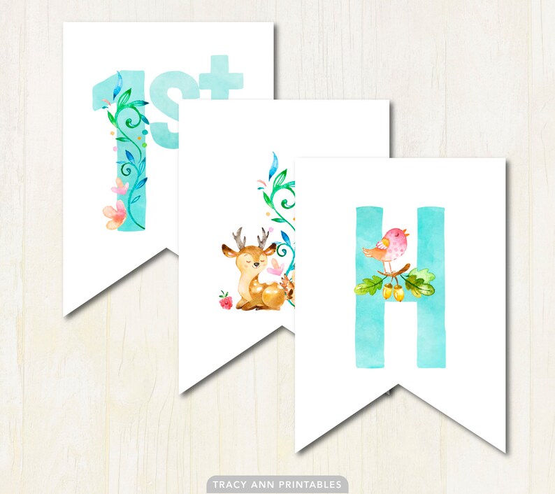 Woodland Birthday Decor Woodland Birthday Bunting Happy Birthday Banner Instant Download 1515blue 1st Birthday Banner