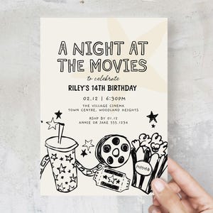Handgetekende filmavond uitnodiging, sjabloon filmfeestje uitnodiging film, Krabbel film feest Evite, Tween Cinema uitnodigen B838