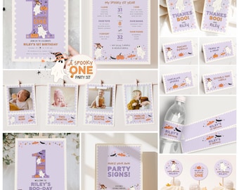 Purple Spooky One 1st Birthday Party Invitation Bundle, Halloween First Birthday Decor Set C461