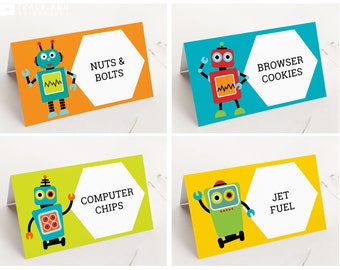Editable Robot Food Labels Printable Tent Card Template for Boy Birthday Party Decor Place Cards Robots Decorations 1120