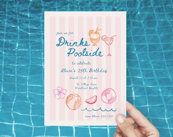 Poolside Drinks Invitation, Adult Pool Party Invite or Evite Editable Template C060