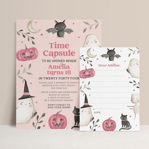 Pink Spooky One Time Capsule Template, Printable Girl Halloween 1st Birthday Party Decorations, Sign & Card Ghost Time Capsule Editable B105