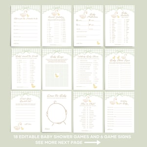 May include: A set of 18 printable baby shower games featuring a cute swan and duckling design. The games include "Baby Predictions", "Baby Bingo", "Celebrity Baby Names", "Baby Name Race", "First Year Baby Book", "Draw the Baby", "This or That", and "Wishes for Baby".