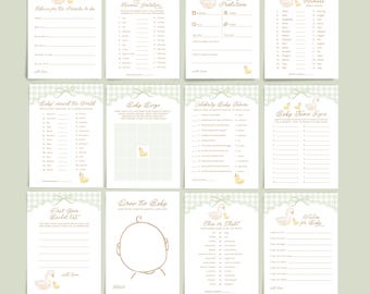 Goose Baby Shower Game Bundle, Sage Green Gingham Baby Shower Games Set, Gender Neutral Baby Shower Decorations Printable B868