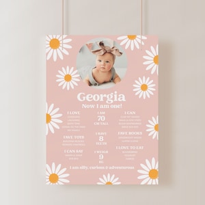 Modèle d'affiche d'étape importante de la marguerite rose, planche d'étape importante pour le 1er anniversaire d'une fille, panneau de signalisation modifiable marguerites, premier anniversaire groovy B037