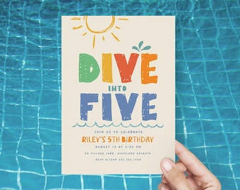 Dive Into Five Invitation, Summer Pool Party 5th Birthday Invite or Evite  B762