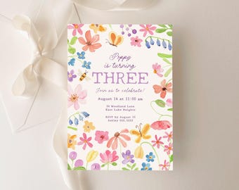 Wildflower Birthday Invitation, Girl 3rd Birthday Party Invite, Printable Garden Party Invite, Editable Flower Birthday Party Evite B948
