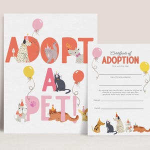 Adopt a Pet Kids Party Game, Printable Adopt a Pet Sign, Girl Birthday Pet Adoption Certificate, Dog and Cat Birthday Party Printables B929