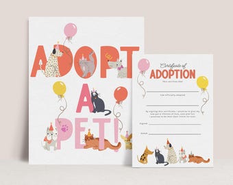 Puede incluir: Un conjunto de estampados caprichosos con las palabras "¡ADOPTA UNA MASCOTA!" en coral y rosa, con ilustraciones de perros y gatos con gorros de fiesta y globos. Incluye un certificado de adopción a juego.
