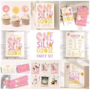 May include: A collection of party supplies with a "One Silly Goose" theme. Includes invitations, thank you tags, cupcake toppers, signs, and photo cards. The color scheme is pink, yellow, and white, with goose illustrations.