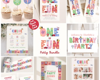 One is Fun Birthday Invitation Bundle, Girl Spring Garden 1st Birthday Party Decorations Set, s B378
