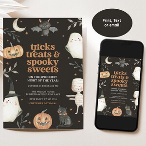 May include: A black and white Halloween party invitation with a cute cartoon ghost, bat, and mummy. The invitation says "tricks treats & spooky sweets" and includes the date, time, and location of the party.