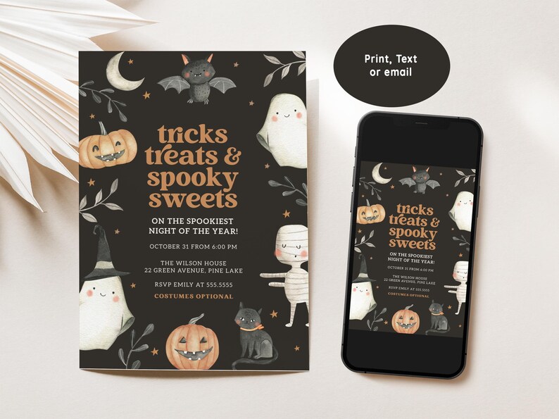 May include: A black and white Halloween party invitation with a cute cartoon ghost, bat, and mummy. The invitation says "tricks treats & spooky sweets" and includes the date, time, and location of the party.