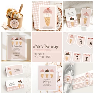 Eis-Geburtstagseinladungs-Set, Erdbeereis-Party-Dekor-Bundle druckbare, bearbeitbare Vorlagen Mädchen-Geburtstagsdekoration B356
