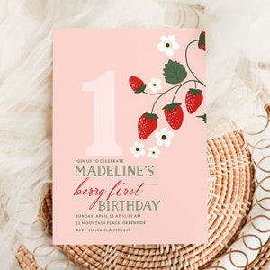 Berry First Birthday Invitation, Strawberry 1st Birthday Party Invite B379