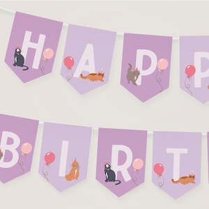 Cat Happy Birthday Banner, Printable Kitten Birthday Party Bunting, Girl Birthday Decorations, Editable Kitty Cat Party Banner B926