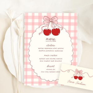 Modello di menu ciliegia, menu stampabile per baby shower ciliegia, menu per cena con bacche, segnaposto modificabili ciliegia, decorazioni per baby shower bambina B902