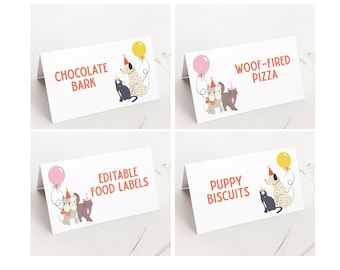 May include: Four white tent cards with illustrations of dogs and cats wearing party hats and holding balloons. The cards read "Chocolate Bark", "Woof-Fired Pizza", "Editable Food Labels", and "Puppy Biscuits" in red text.