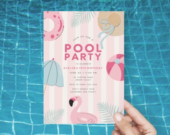 May include: Pink and blue pool party invitation with a striped background. The invitation features a pink flamingo, a blue umbrella, a pink and white beach ball, a pink and white inflatable ring, and a straw hat. The text on the invitation reads "Join us for a Pool Party to celebrate Evelyn's 13th Birthday June 20 | 2:00 PM 22 Juniper Road Green Valley RSVP to Jenny 555.1234 Don't forget your swimmers and towel!"