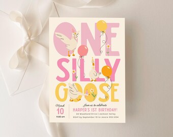 May include: A pink and yellow birthday invitation with the text "One Silly Goose" and a cartoon goose with a party hat. The invitation is for Harper's 1st birthday on March 10th at 11:00 am. The RSVP information is included.