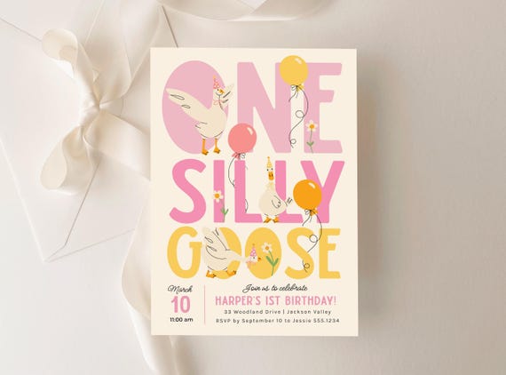 One Silly Goose Invitation, Goose 1st Birthday Party Invitation Template, Whimsical Girl First Birthday Evite Editable B937
