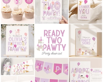 Puede incluir: Un conjunto de decoración de fiesta rosa y morado con temática de perros. El conjunto incluye un cartel de bienvenida, una pancarta, adornos para cupcakes, etiquetas para botellas de agua, etiquetas para alimentos, carteles de fiesta y una etiqueta de agradecimiento. El texto en el cartel dice "Bienvenido a la fiesta de cumpleaños de Olivia". La pancarta dice "Feliz cumpleaños". Los adornos para cupcakes tienen un número 5 y un perro con un globo. Las etiquetas para botellas de agua tienen un perro con un globo. Las etiquetas para alimentos tienen un perro con un globo. Los carteles de fiesta tienen un perro con un globo. La etiqueta de agradecimiento dice "Gracias Olivia".