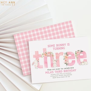 3. Geburtstagseinladung Rosa Gingham Mädchen-Geburtstagseinladung Kaninchen-Party-8195