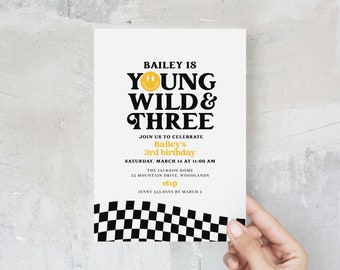 Young Wild and Three Invitation Template, Boy 3rd Birthday Party Invite, Retro Smiley Face Invitation Editable, Cool Third Birthday B381