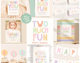 May include: A collection of pastel-colored party supplies, including invitations, labels, signs, and cupcake toppers. The text includes "Two Much Fun," "Thank You," and "Happy Birthday." The theme is a second birthday party.