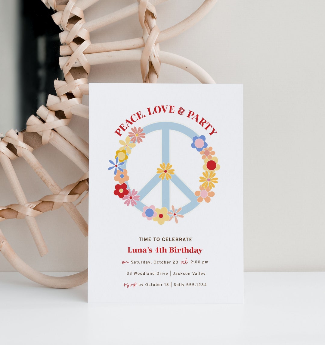 Peace Sign Birthday Invitation, Peace Love and Party Invite Template ...
