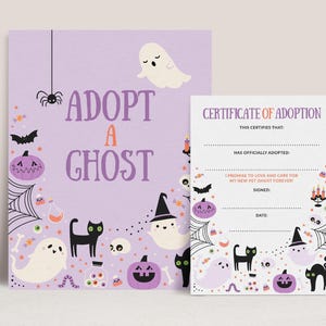 Può includere: Una stampa lilla con la scritta "Adotta un fantasma" e illustrazioni di Halloween. Include un certificato di adozione con spazio per i dettagli ed elementi decorativi come fantasmi, zucche e pipistrelli.