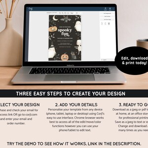 May include: A laptop screen displaying a digital design template for a Halloween party invitation. The template features a black and orange color scheme with illustrations of pumpkins, ghosts, and bats. The text on the template reads "Spooky Fun". The laptop screen also displays instructions for editing and downloading the template.