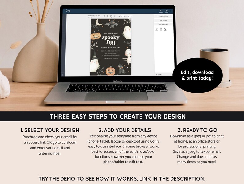 May include: A laptop screen displaying a digital design template for a Halloween party invitation. The template features a black and orange color scheme with illustrations of pumpkins, ghosts, and bats. The text on the template reads "Spooky Fun". The laptop screen also displays instructions for editing and downloading the template.