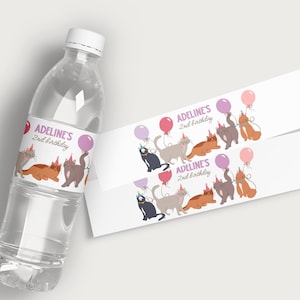 Kitten Birthday Water Bottle Wrappers, Girl Birthday Party Favors, Cat Birthday Bottle Label Template, Kitty Cat Party Decorations B926