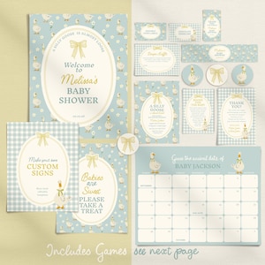 Goose Baby Shower Invitation and Printable Decorations, Editable Silly Goose Themed Boy Baby Shower Invite and Favors Bundle C038