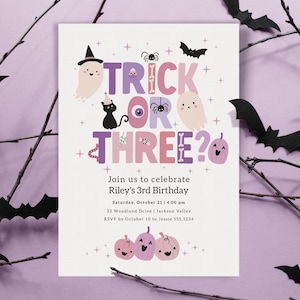 Trick oder drei Einladungsvorlage, Spooky Girl 3. Geburtstagseinladung, bearbeitbarer Halloween dritten Geburtstag Evite, Geisterparty einladen B436