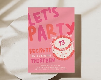 Pink 13th Birthday Party Invitation, Let's Party Teenage Birthday Invite or Evite B544