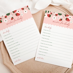 Plantilla de tarjeta de deseos para bebé, tarjetas imprimibles de deseos para bebé, juegos de baby shower con dulces frutos del bosque, decoraciones de baby shower de fresas para niña B379