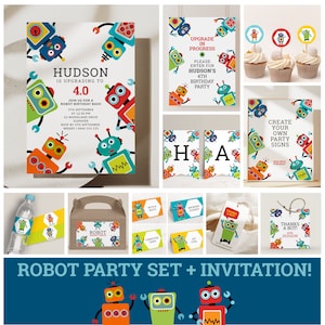 Robot Birthday Party Set Editable Invitation Template Robots Themed Boy Birthday Decor Bundle Printable Decorations Signs Favor Tags 1120