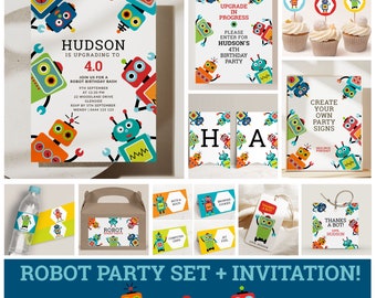 Robot Birthday Party Set Editable Invitation Template Robots Themed Boy Birthday Decor Bundle Printable Decorations Signs Favor Tags 1120