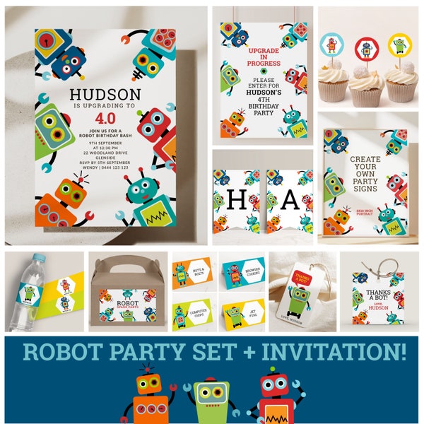 Robot verjaardagsfeestje set bewerkbare uitnodiging sjabloon robots thema jongen verjaardag decor bundel afdrukbare decoraties tekenen gunst tags 1120