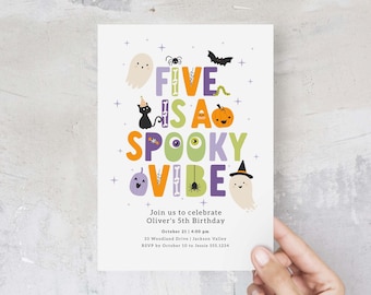 Five is a Spooky Vibe Invitation, Boy Halloween 5th Birthday Invite Printable B434