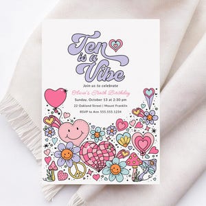 Ten is a Vibe Invitation, Groovy 10th Birthday Invitation Template, Girl Tenth Birthday Evite, Retro Pink and Purple Invitation B402