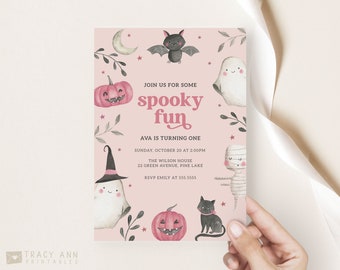 Spooky Birthday Invitation Template, Pink Halloween Party Invite, Girl 1st Birthday Invitation Printable, Cute Watercolor Ghosts B104